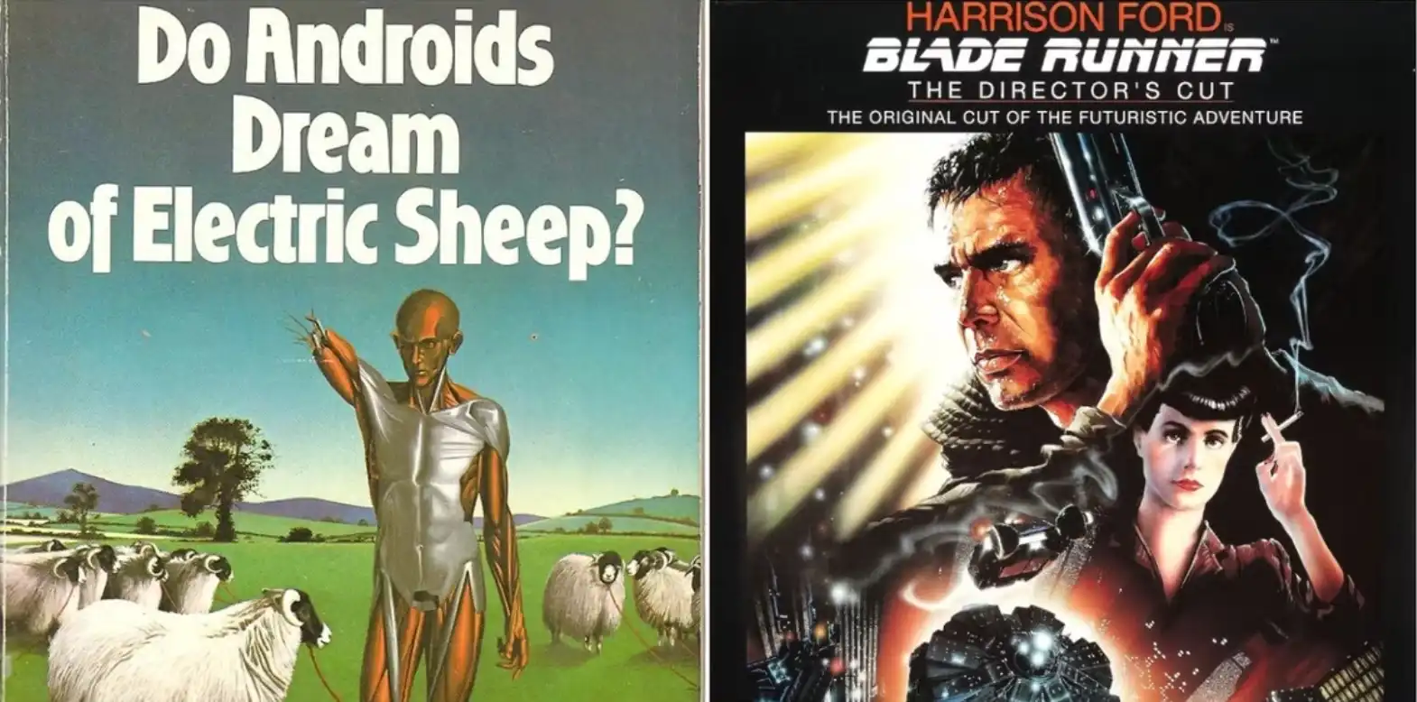 Illustration of the book Do Androids Dream of Electric Sheep next to the poster of the first Blade Runner movie