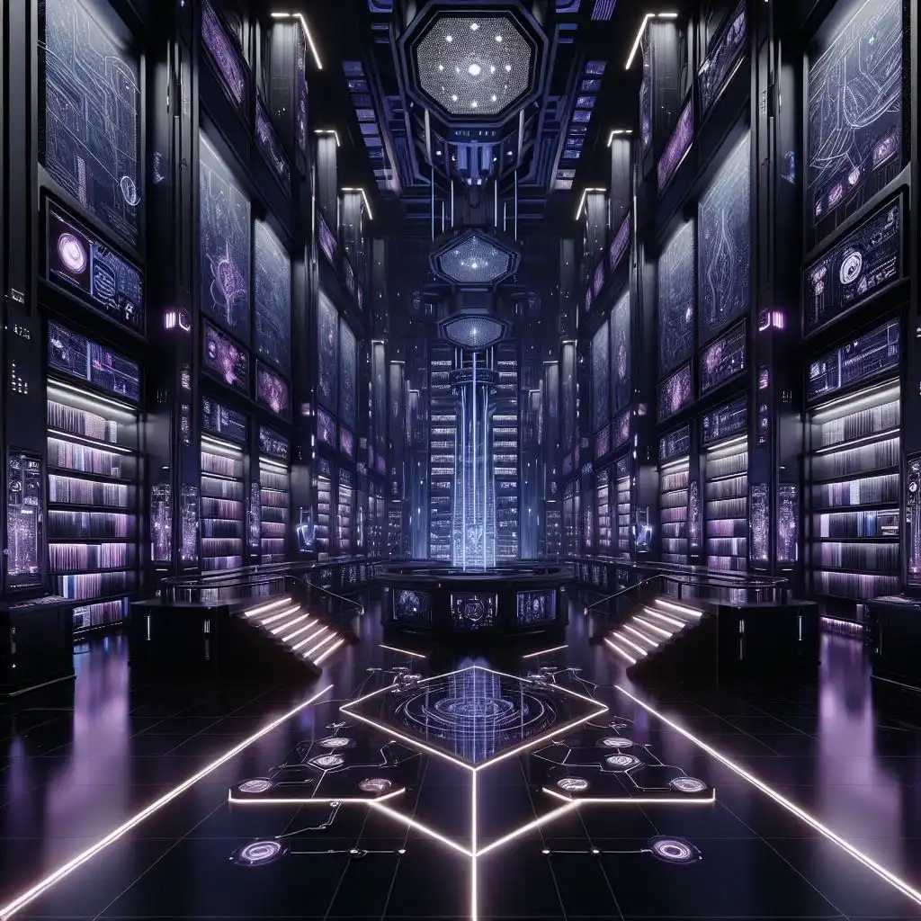 Illustration of a futuristic archive room in black and purple tones