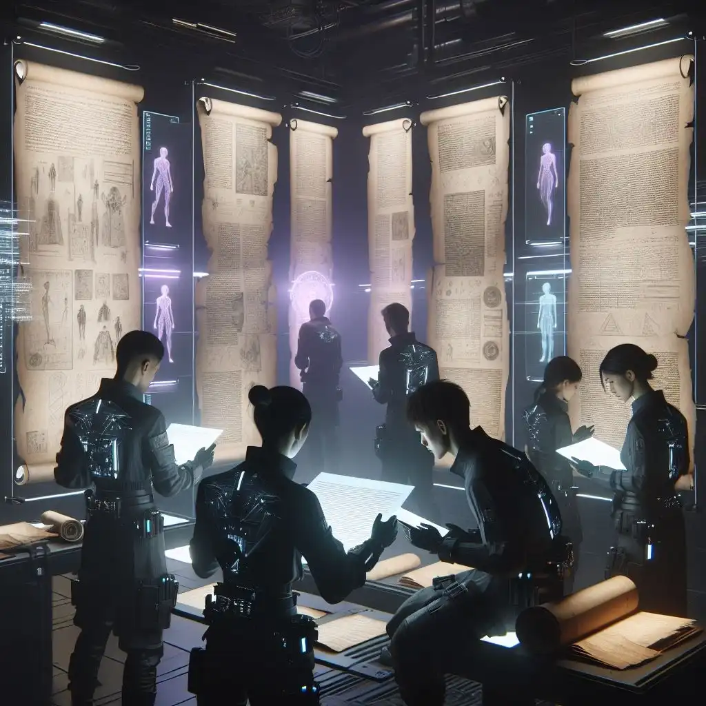 Illustration of a group of people working in a futuristic location on scrolls