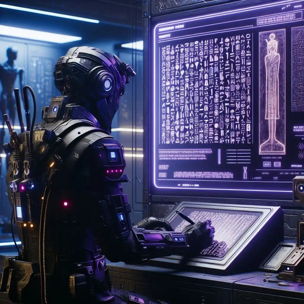 Illustration of a cyborg man working at a desk