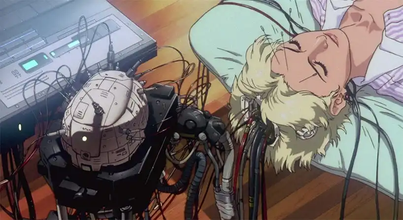 Still from the film showing a woman connected to an electronic brain