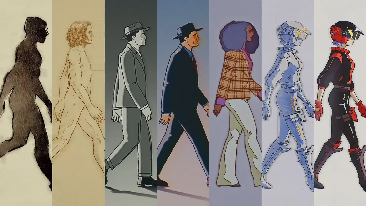 Various characters from the clip walking to the right